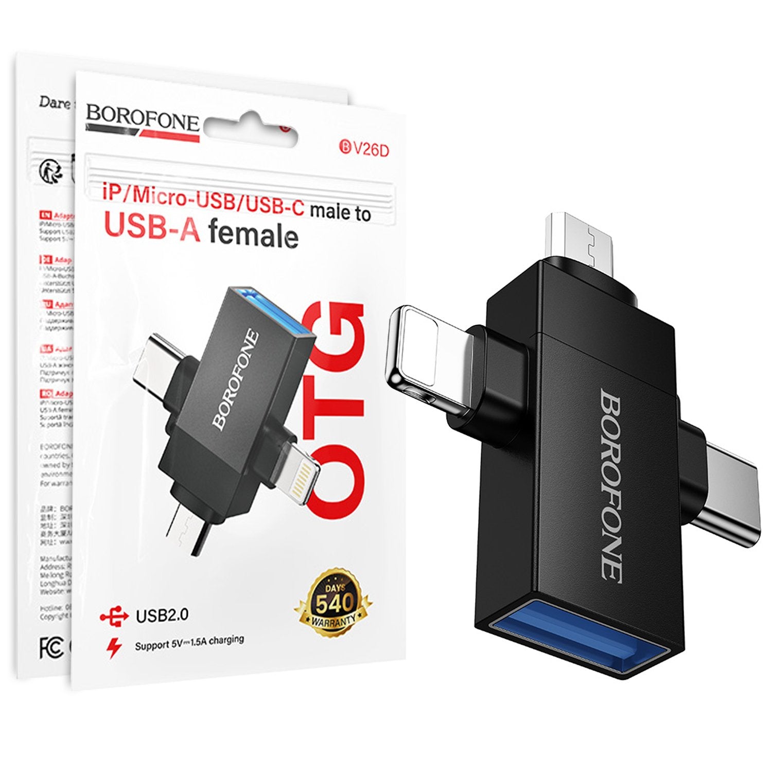 Borofone BV26D Lightning Male/Type C Male/Micro Male to USB A female USB 2.0 3 in 1 Adapter Converter Borofone BV26D Lightning Male/Type C Male/Micro Male to USB A female USB 2.0 3 in 1 Adapter Converter